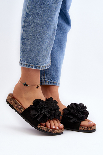 Damen Pantoletten mit Blumen Schwarz Lulania