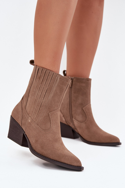 Suede Cowboy Ankle Boots Women's Heeled Insulated Khaki Dylira