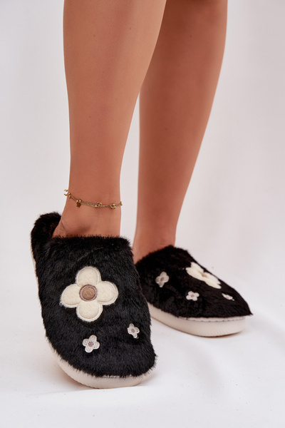 Chaussons en fourrure avec fleurs Noirs Selinne
