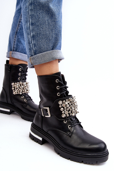 Damen gefütterte Arbeitsstiefel verziert schwarz Lennen