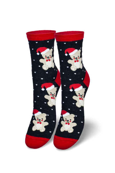 Damen Weihnachtssocken Bär Mit Weihnachtsmannmütze Schwarz