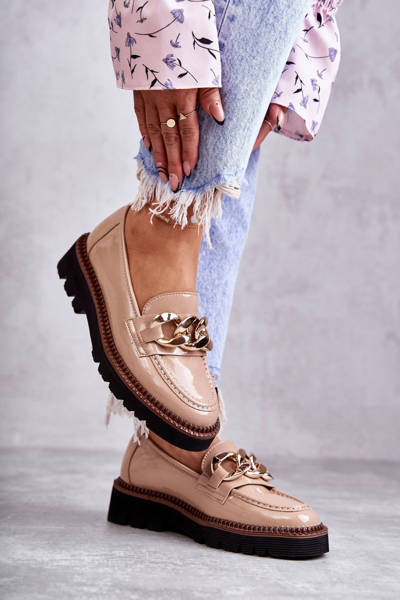 Lacquered Loafers On The Beige Reidun Platform
