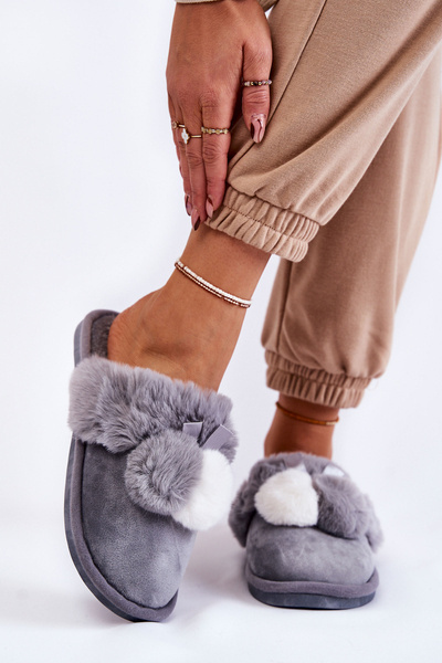 Chaussons Femme Avec Pompons Et Fourrure Gris Sahira