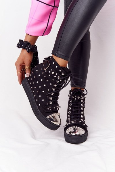 Bottines Compensées Doublées avec Strass Daim Noir Lu Boo