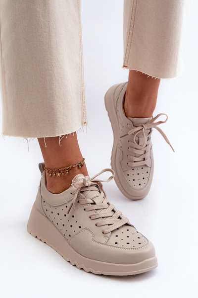 Baskets Femme Ajourées à Talon Compensé Cuir Naturel Beige S.Barski LR482