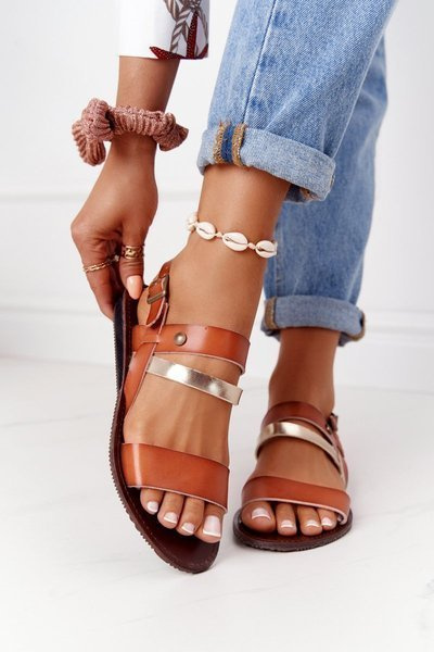 Doris Flache Damen Sandalen Braun und Gold
