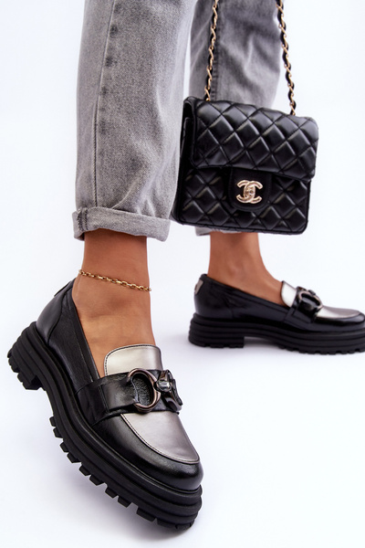 Mocassins Femme En Cuir Talon Plat Noir Elkiza