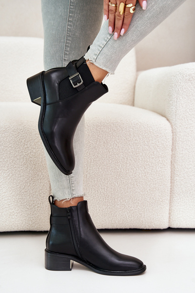 Bottines Femme À Talon Bas Et Boucle Dorée Noir Vomera