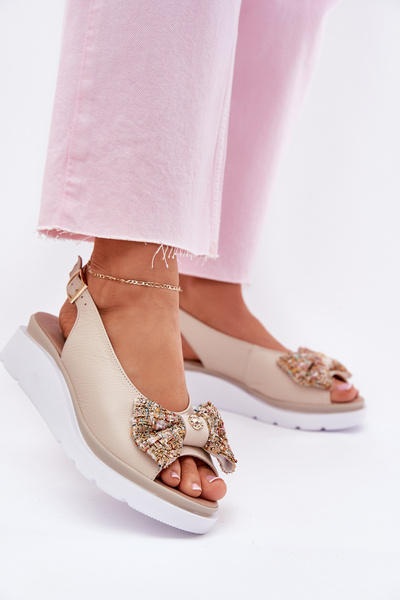 Damen Leder Keilsandaletten Mit Schleife Beige Zazoo 1882
