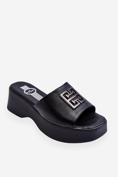 Chaussons Plateforme En Cuir Pour Femme Avec Embellissements Noir Renna