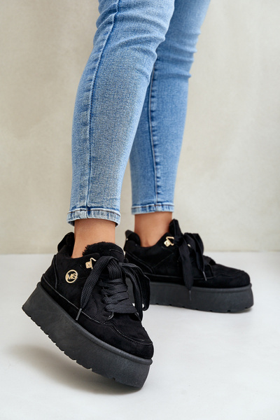Sneakers-uri pentru femei căptușite cu blană platformă negre Velarisea