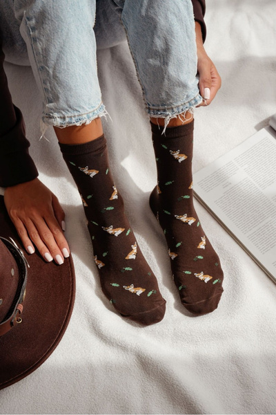 Chaussettes Femmes Avec Renards Et Feuilles Marron