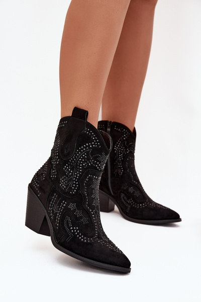 Wärmende Damen Cowboy Stiefeletten Mit Verzierung Schwarz Lelira
