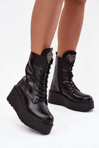 Leather Women's Ankle Boots With Decorated Insulated Black Ulrika