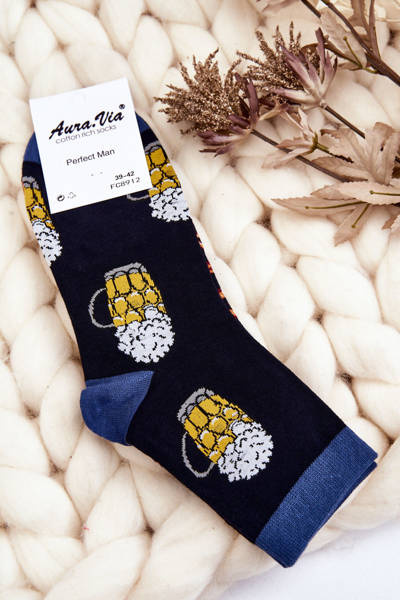 Chaussettes drôles pour hommes Bière et bretzels inégalés bleu marine