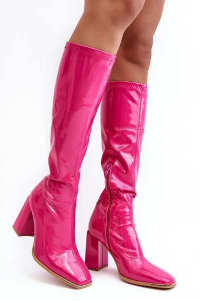 Glänzende Stiefel Mit Blockabsatz Über Dem Knie Fuchsia Mlokva