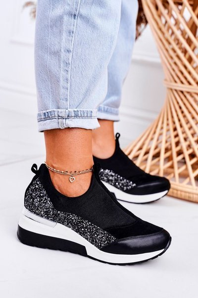Baskets compensées en cuir pour femme Noir Argent Frances
