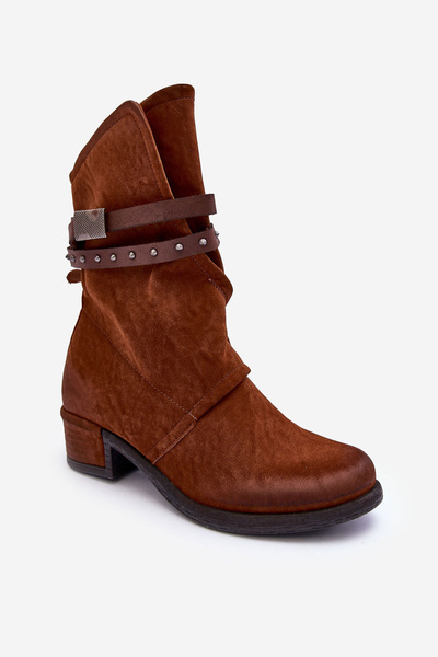 Damen-Stiefeletten mit niedrigem Absatz und Gürteln Camel Thelereia