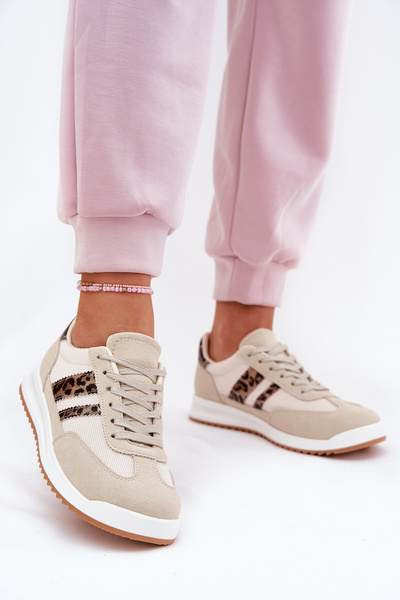 Baskets Femme En Suède Écologique Léopard Beige Marinils