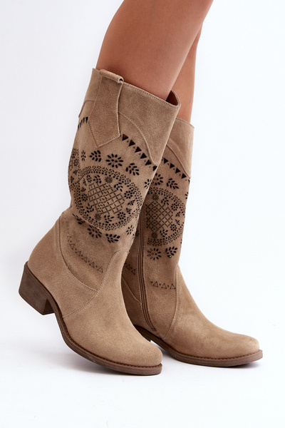 Zazoo 4043 Suede Boots with Low Heel Beige Openwork