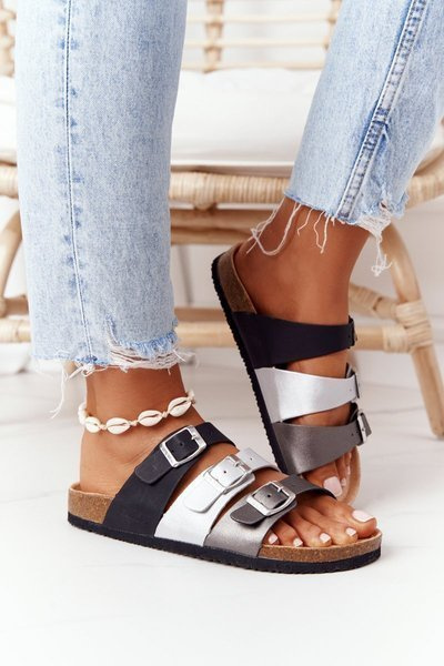 Profilierte Leder Big Star Flip Flops HH274588 Schwarz/Silber