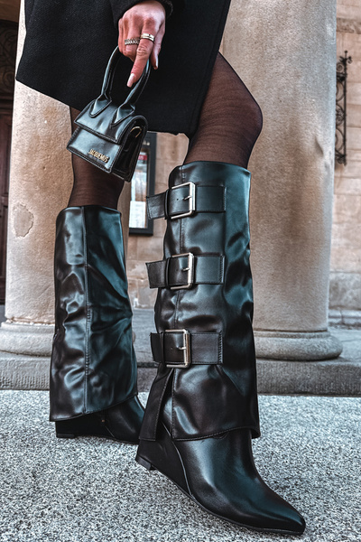 Bottes Femme à plateforme avec haut retourné et boucles d'argent Noires Sarisse