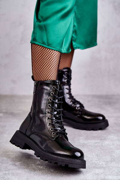 Lederstiefel auf flachem Absatz Schwarze Estela