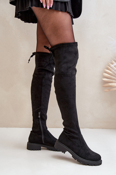 Bottes Hautes À Talon Plat En Eco Daim Noir Arkelia