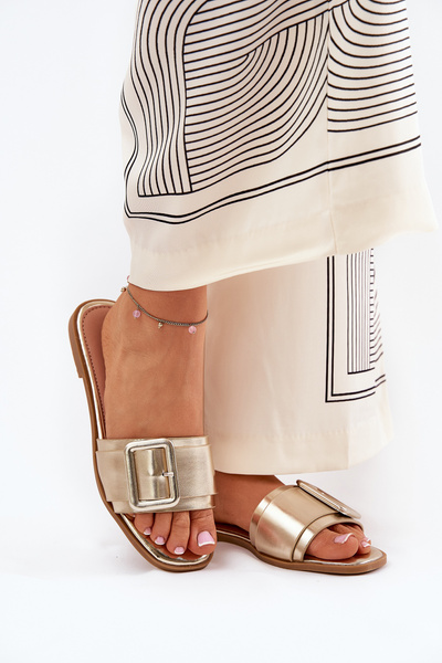 Sandales Plates Femme En Cuir Écologique Avec Boucle Doré Bamma