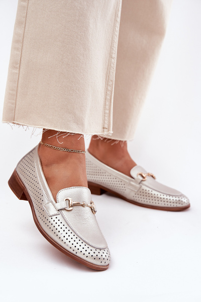 Mocassins en Cuir Pour Femme Avec Décoration Sur Talon Plat S.Barski LR51-594 Argenté