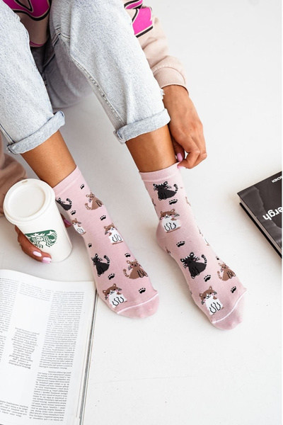 Damen Baumwollsocken Mit Katzen Rosa