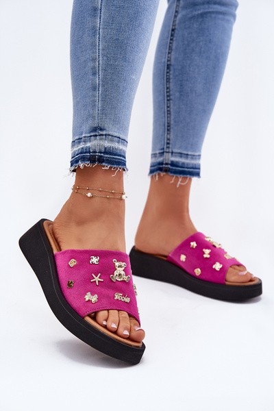Damen Veloursleder Pantoletten Mit Clips Fuchsia Vinceza 66741