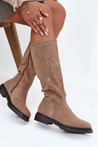 Bottes femme doublées à talon plat Éco suède marron foncé Delyssa