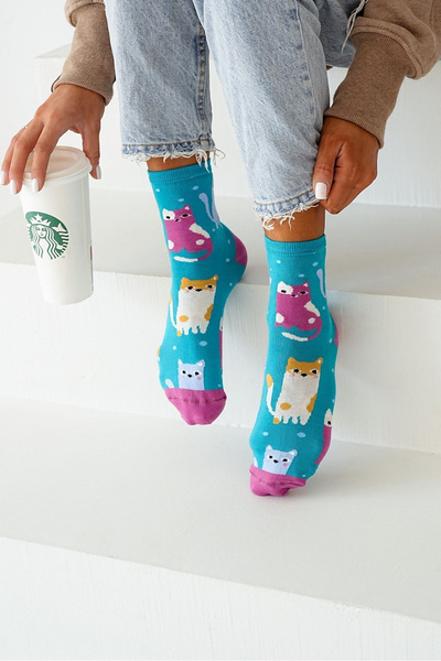 Damen Socken bunte Katzen und Punkte türkis