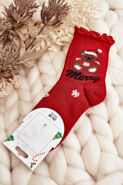 Chaussettes de Noël en brocart pour femmes avec ours en peluche rouge