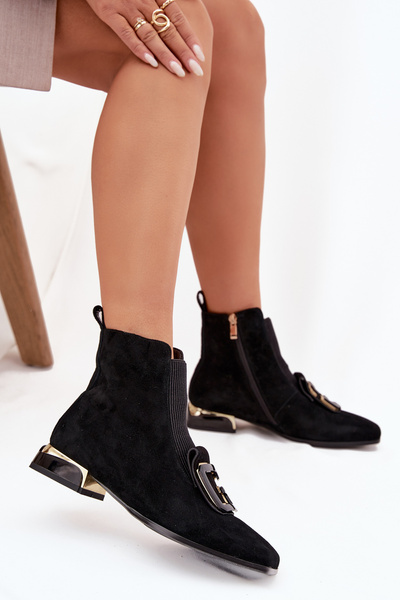 Leather Suede Women's Ankle Boots Low Heel Decoration D&A MR52-217 Black
