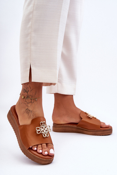 Women's Leather Platform Slippers with Ornament Brown Azera