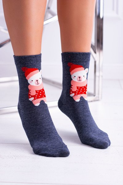 Ladies' Christmas Socks Navy Blue With Teddy Bear