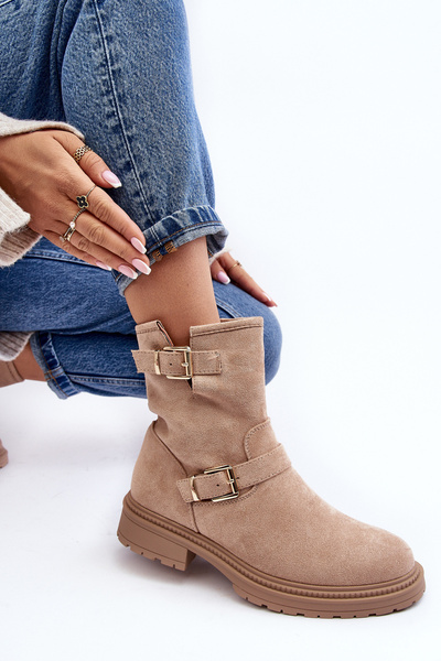 Bottines à Talon Plat avec Boucles pour Femme Beige Bliggore