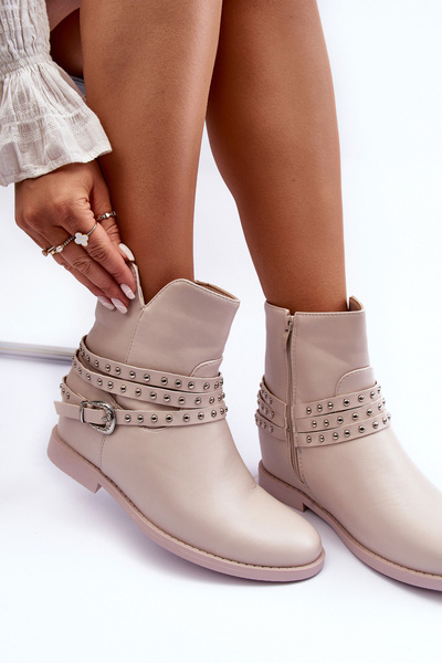 Női díszített bőrcsizma lapos sarkú bézs Adkrana