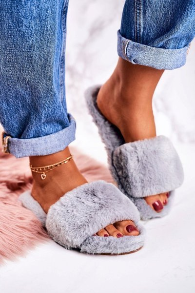 Damen Kunstfell Flip Flops Kalte Tage Grau