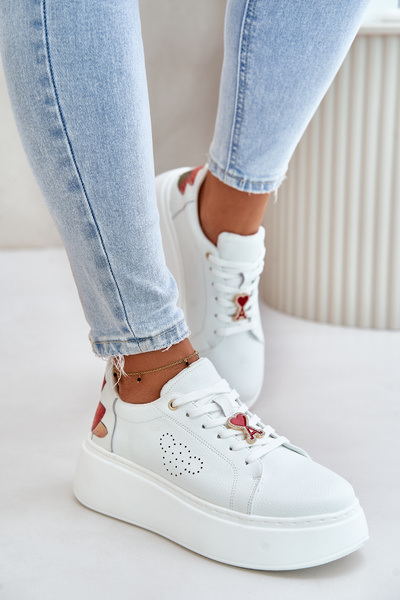 Baskets en cuir pour femmes sur plateforme avec pendentif et fleur décorative 89100 blanc