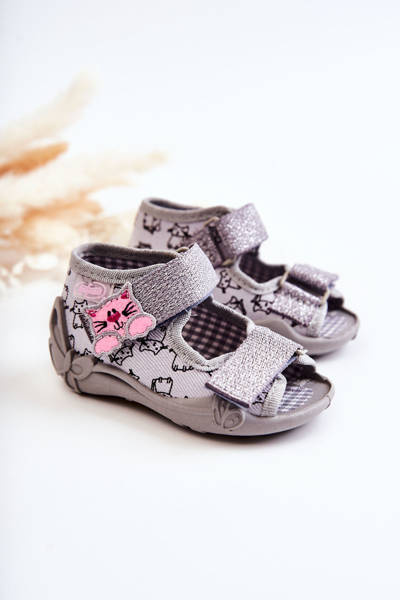 Sandalen Hausschuhe Befado Klettverschluss Katzen 242P102 Grau