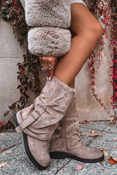 Bottes pour femmes avec revers retourné jusqu'à mi-mollet avec boucle Khaki Minelle