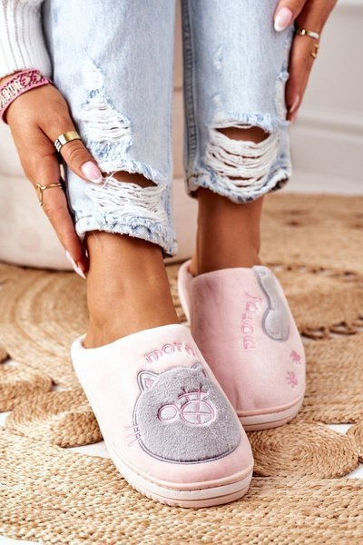 Velor Slippers With A Cat Pink-Grey Good Morning