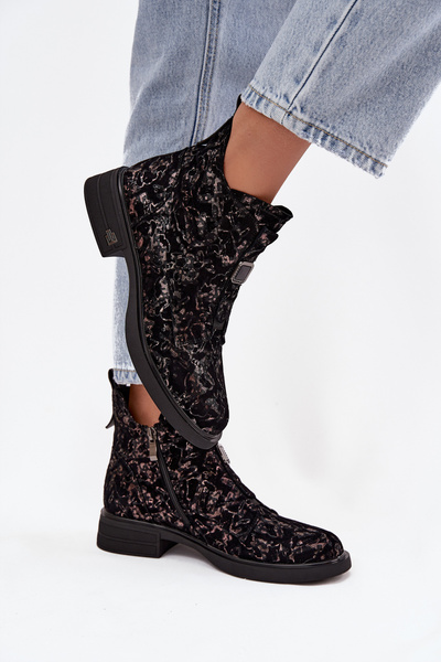 Bottines en daim naturel à talon bas D&A CR52-713 Noir-brun
