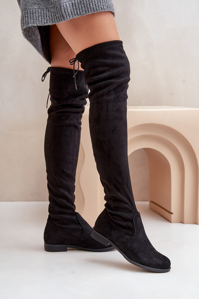 Cizme Până La Genunchi Cu Toc Plat Din Suede Eco Negre Linnithia