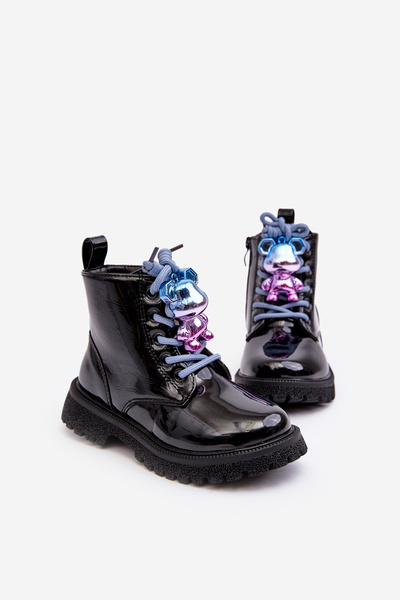 Kids' Glossy Lined Boots with Decoration Black Bunnyjoy