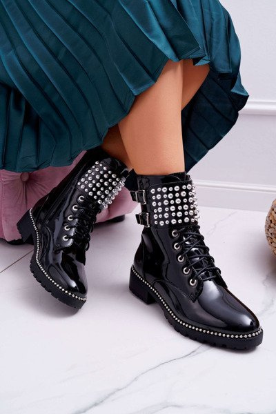 Women's Flat Heel Military Lacquered Boots Black Bemmer