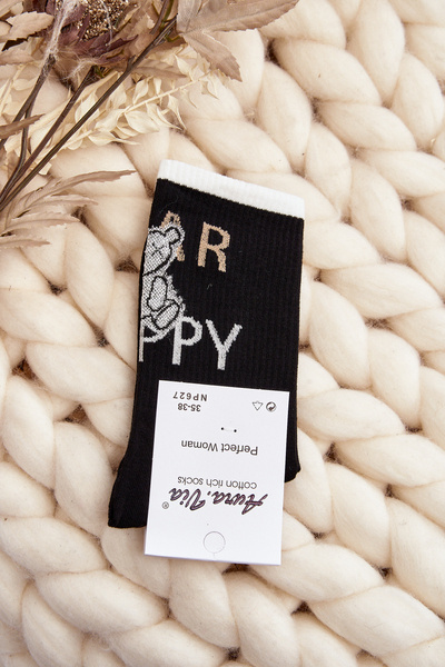 Chaussettes femme en coton avec écriture et ours noir